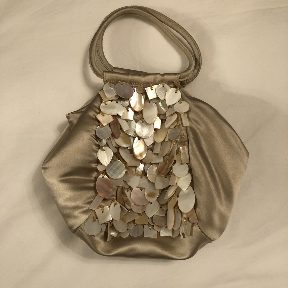 Ann Taylor Beige Satin Bag With Shells